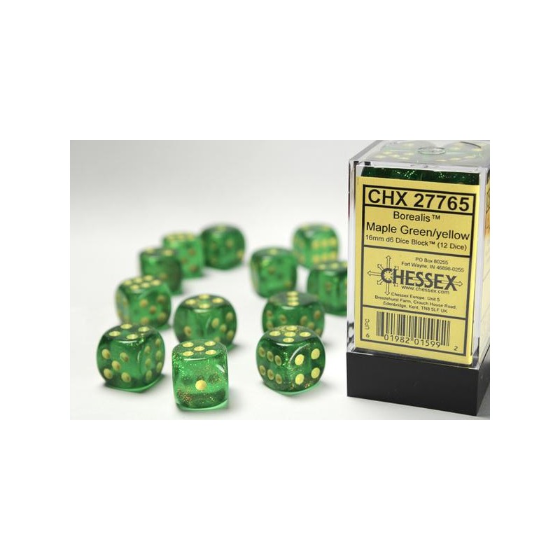 Boîte de 12 dés 6 * Borealis Maple Green un jeu Chessex